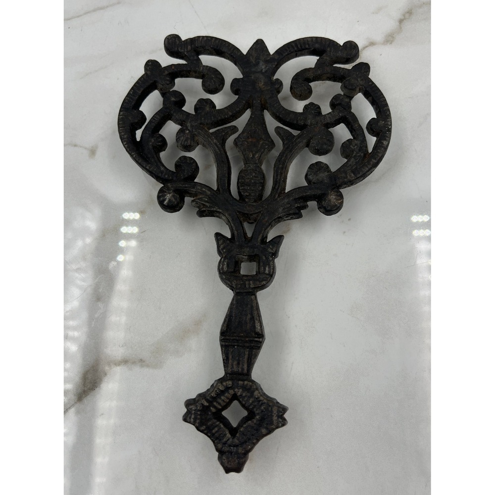Vintage Black Cast Iron Trivet Ornate Scrollwork Lyre Heart Design 9 Inch